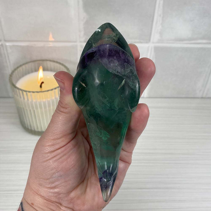 Polished Green and Purple Fluorite Great White Shark Carving