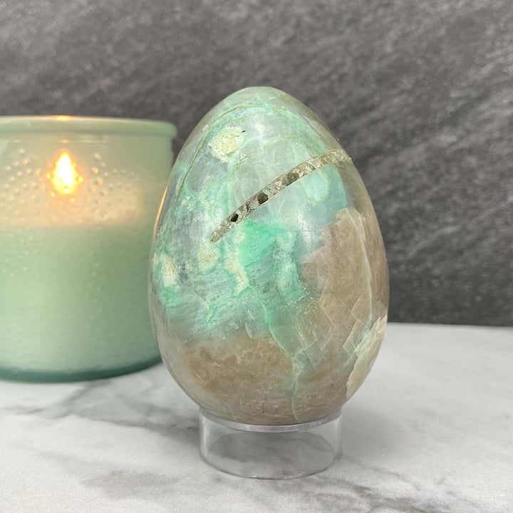 Polished Green Moonstone With Blue Flash Egg