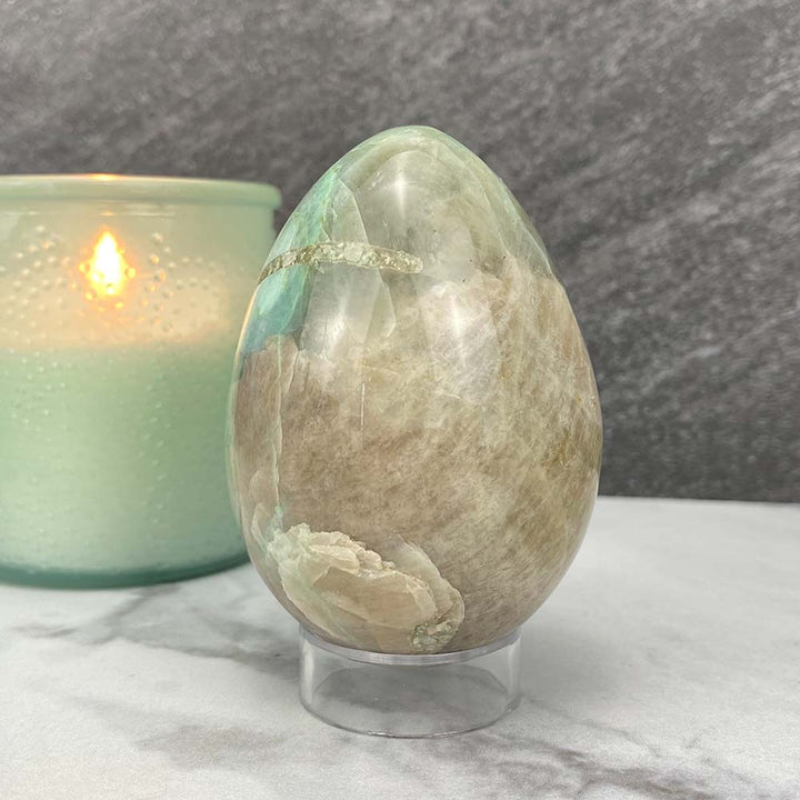 Polished Green Moonstone With Blue Flash Egg