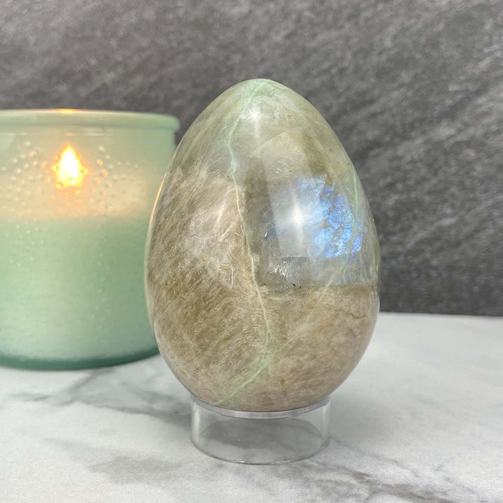 Polished Green Moonstone With Blue Flash Egg