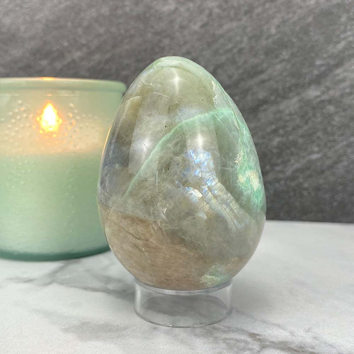 Polished Green Moonstone With Blue Flash Egg