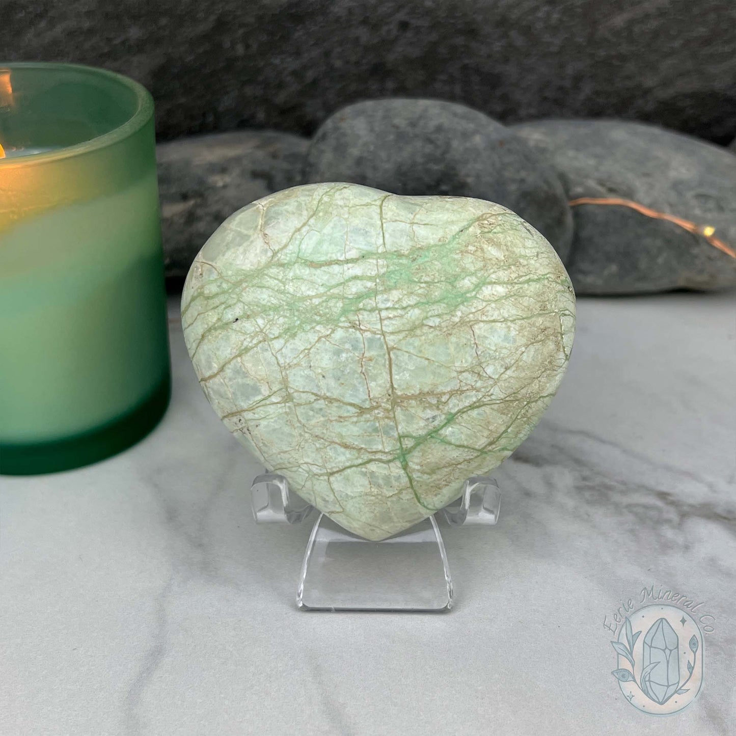Silver Flash Green Moonstone Heart Carving