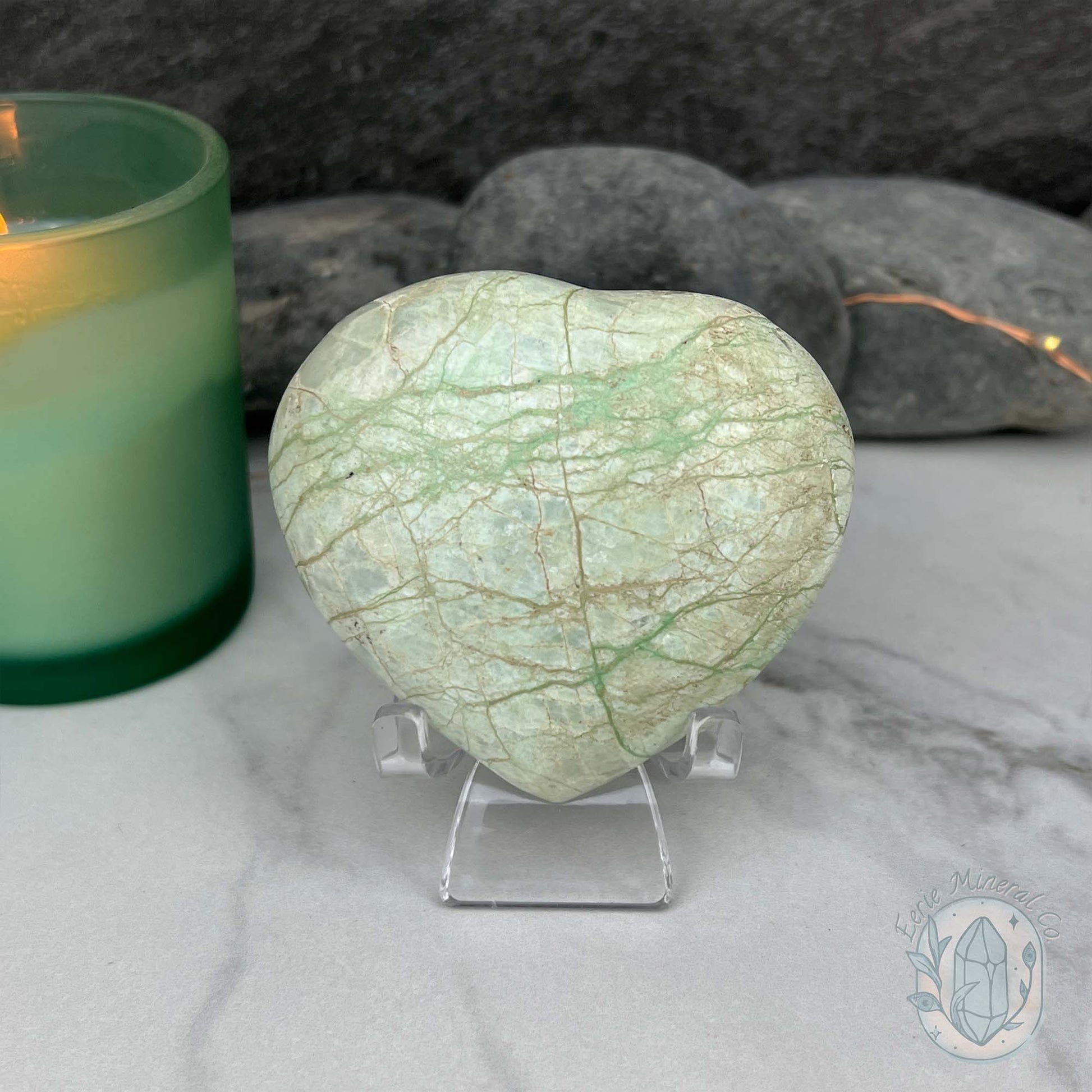 Silver Flash Green Moonstone Heart Carving
