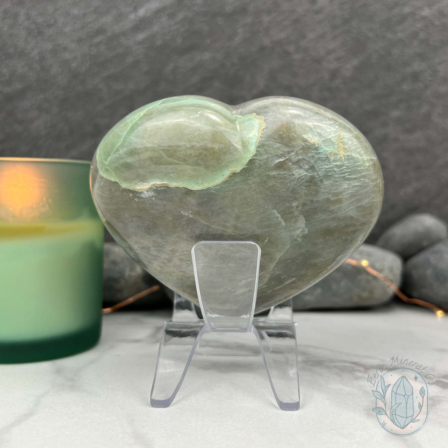 Silver Flash Green Moonstone Heart Carving