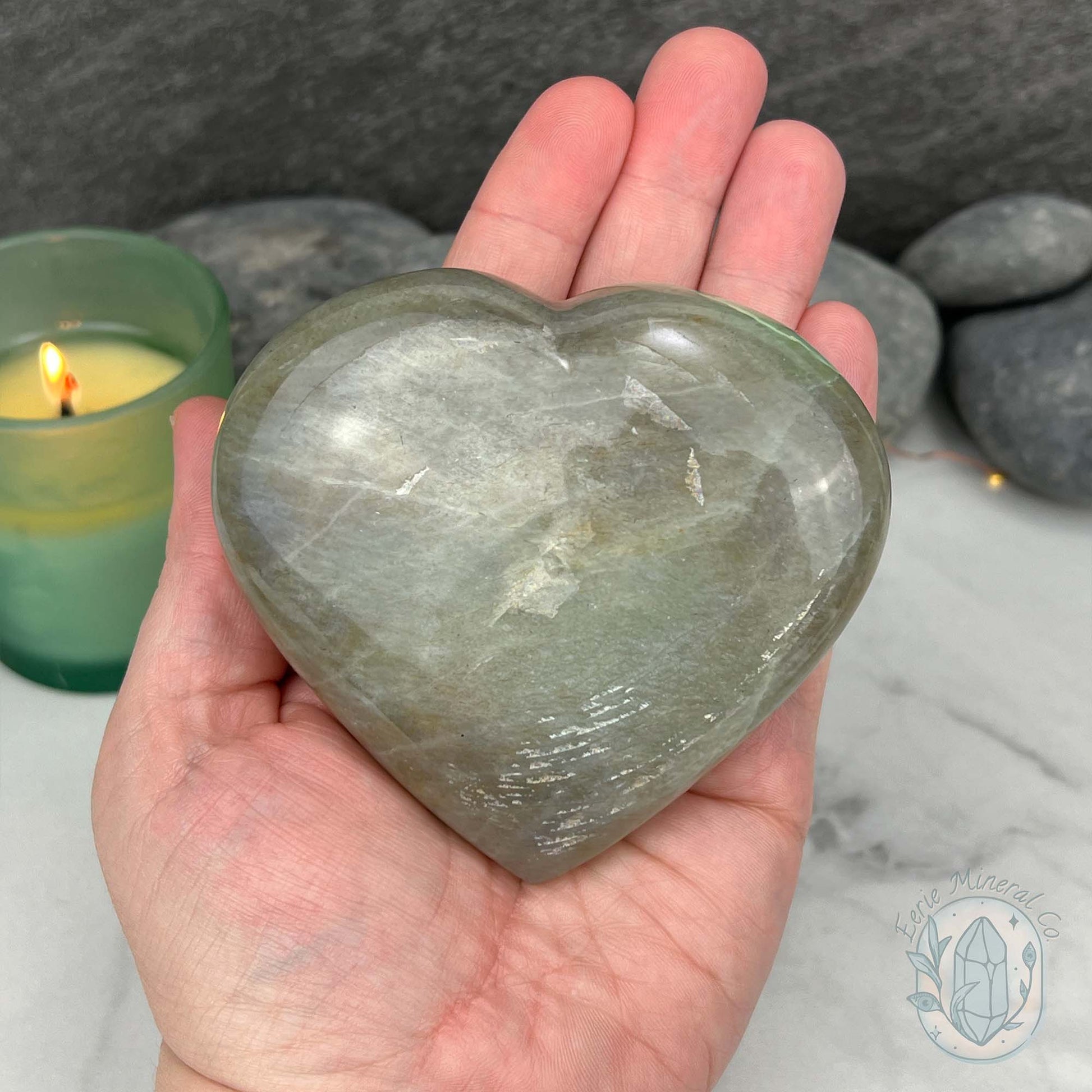 Silver Flash Green Moonstone Heart Carving