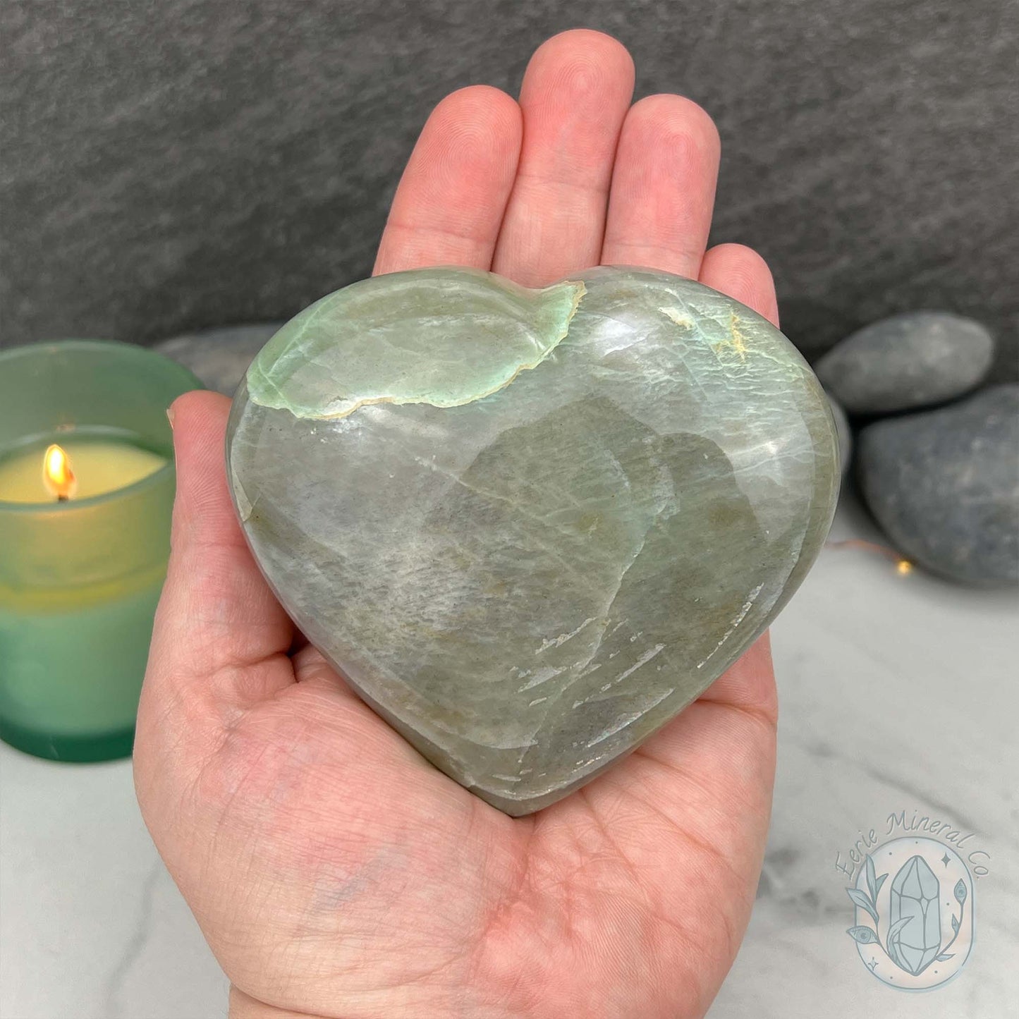 Silver Flash Green Moonstone Heart Carving