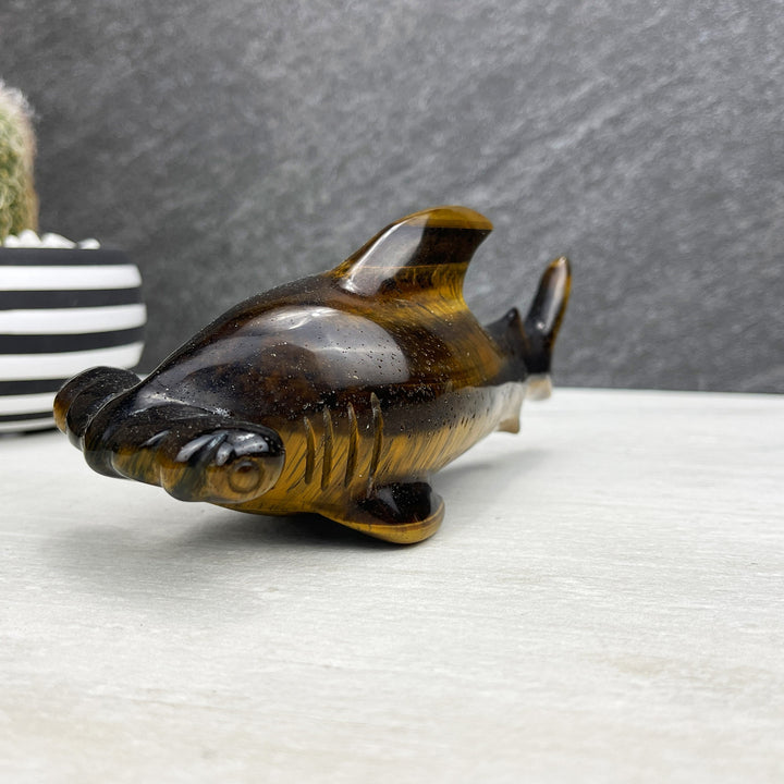 hand carved tiger eye hammerhead shark