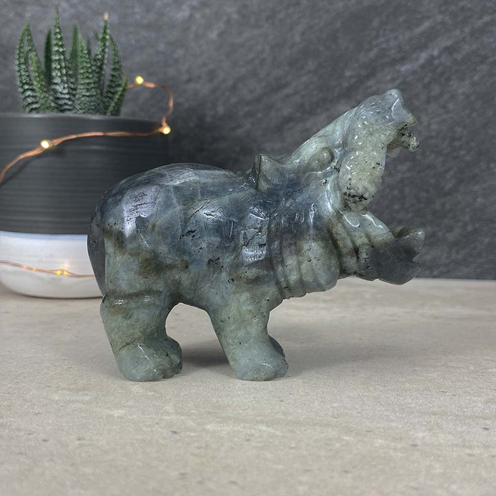 Polished Blue Flash Labradorite Hippo Carving