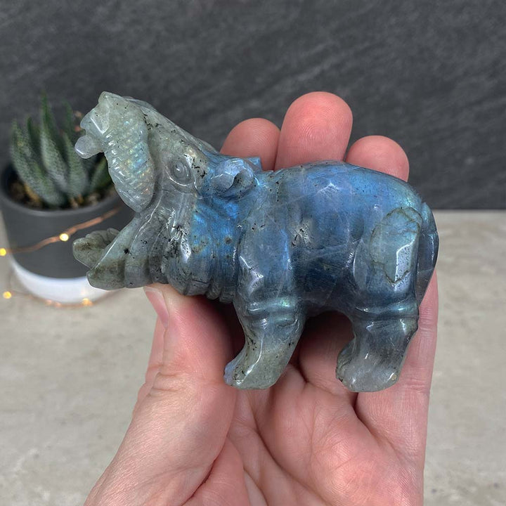 Polished Blue Flash Labradorite Hippo Carving