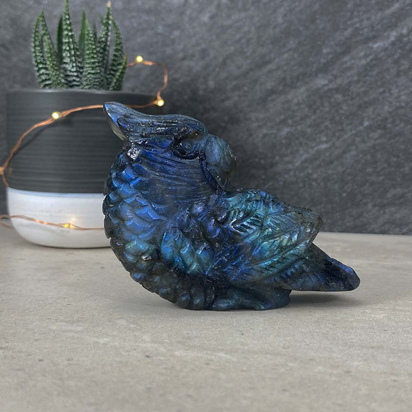 Polished Blue Flash Labradorite Parrot Carving