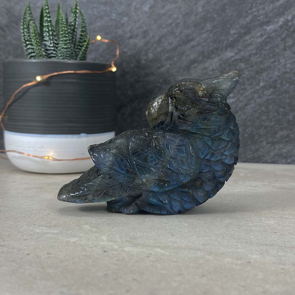 Polished Blue Flash Labradorite Parrot Carving