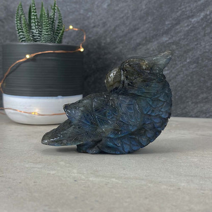 Polished Blue Flash Labradorite Parrot Carving