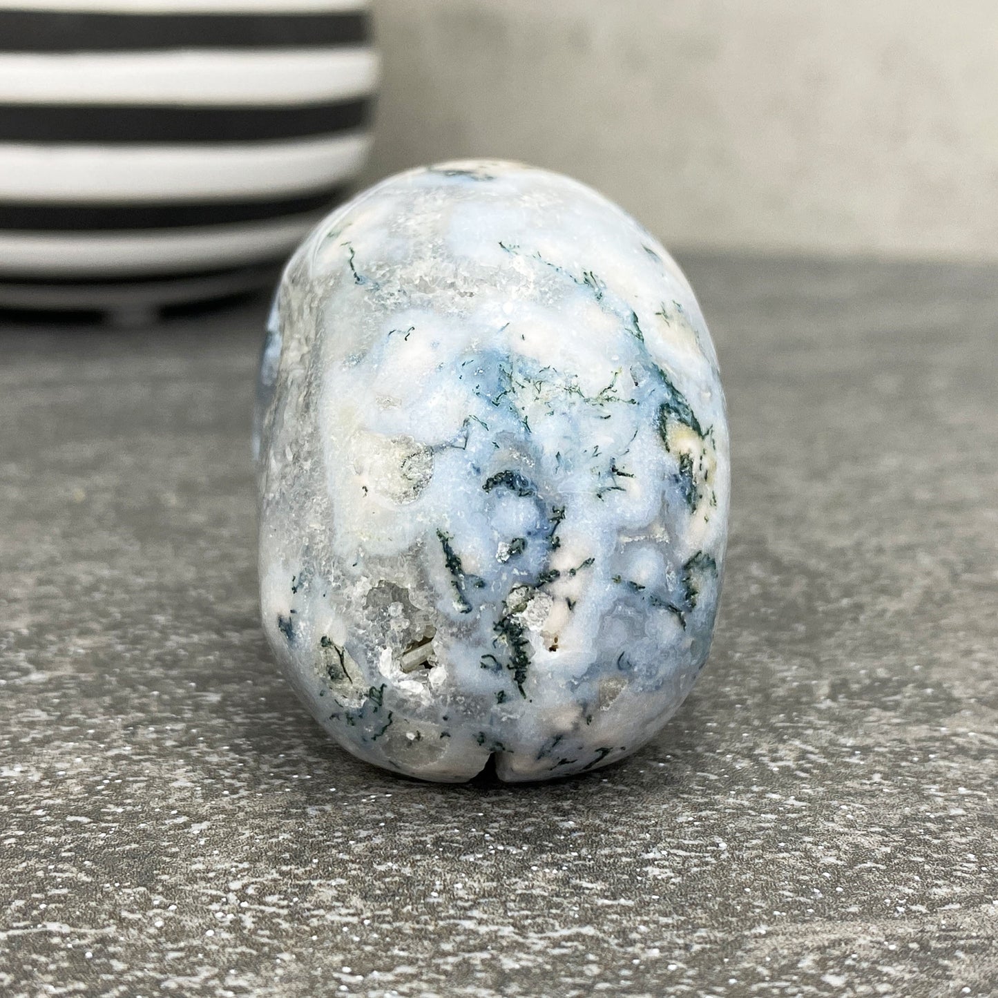 Polished Moss Agate Crystal Skull Carving