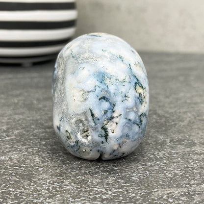 Polished Moss Agate Crystal Skull Carving
