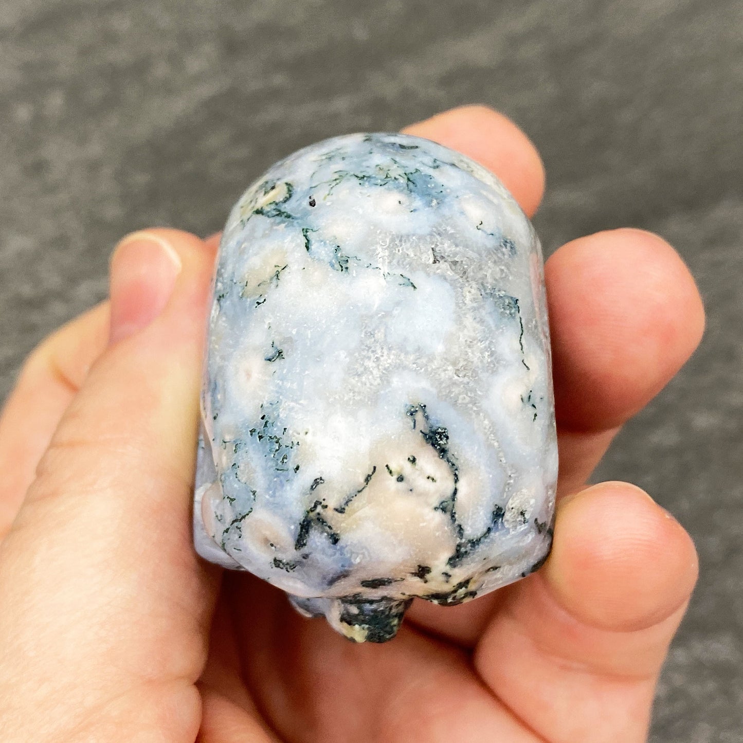 Polished Moss Agate Crystal Skull Carving
