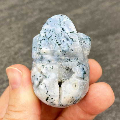 Polished Moss Agate Crystal Skull Carving