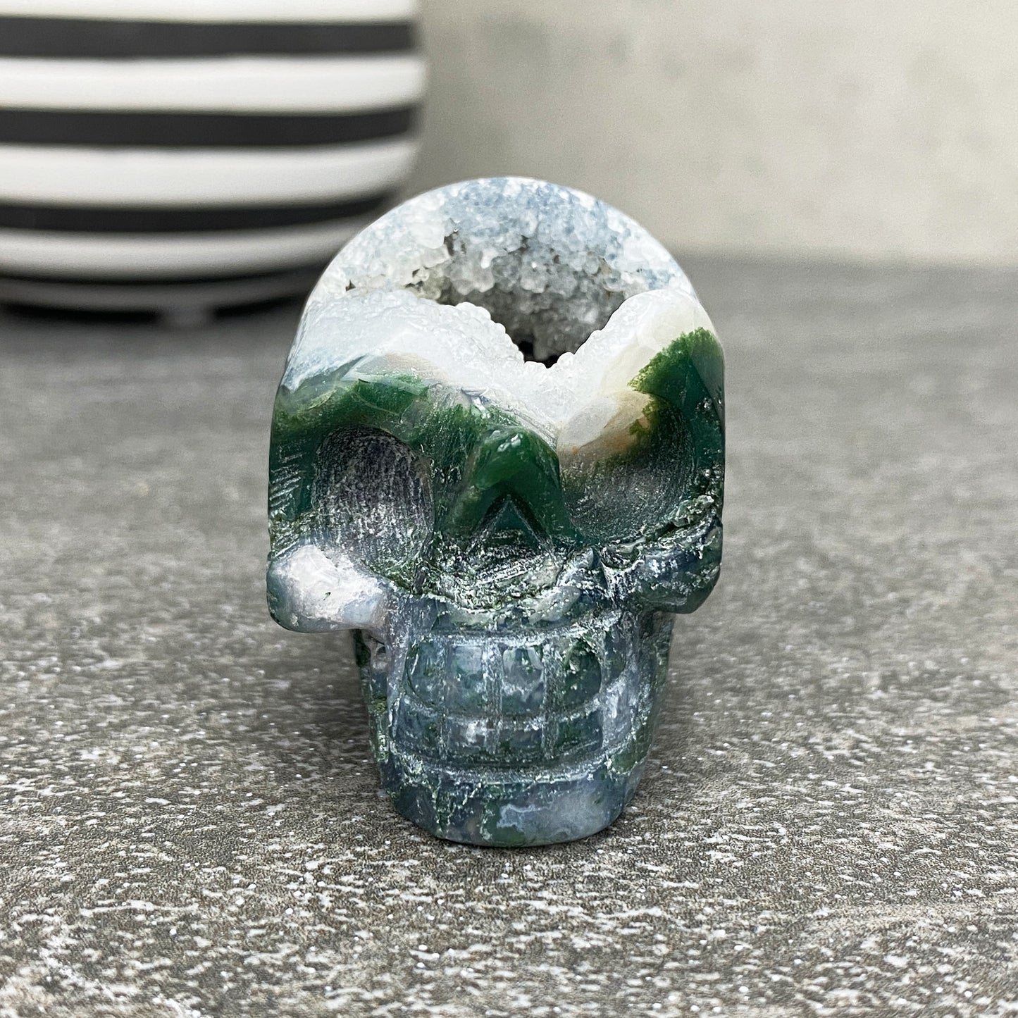 2" Polished Moss Agate Crystal Skull Carving