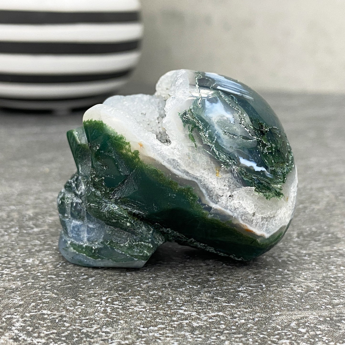 2" Polished Moss Agate Crystal Skull Carving