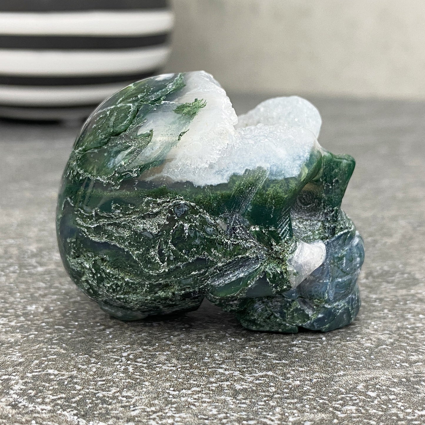 2" Polished Moss Agate Crystal Skull Carving