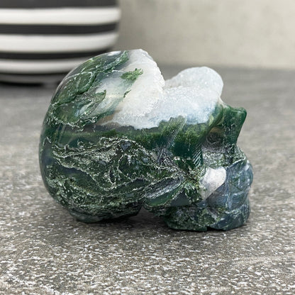2" Polished Moss Agate Crystal Skull Carving