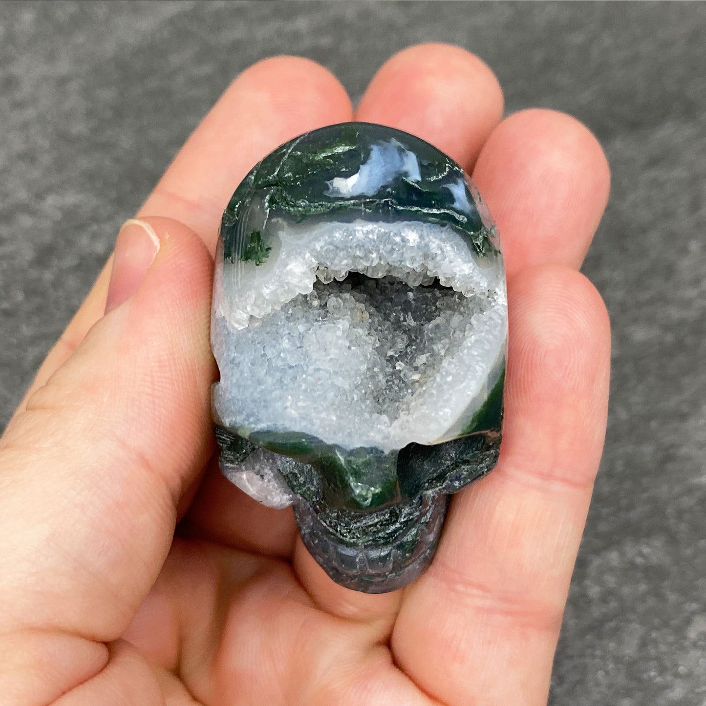 2" Polished Moss Agate Crystal Skull Carving