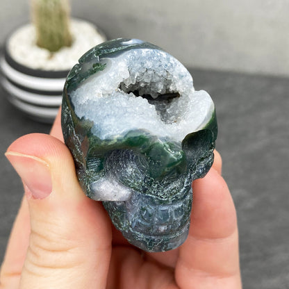 2" Polished Moss Agate Crystal Skull Carving
