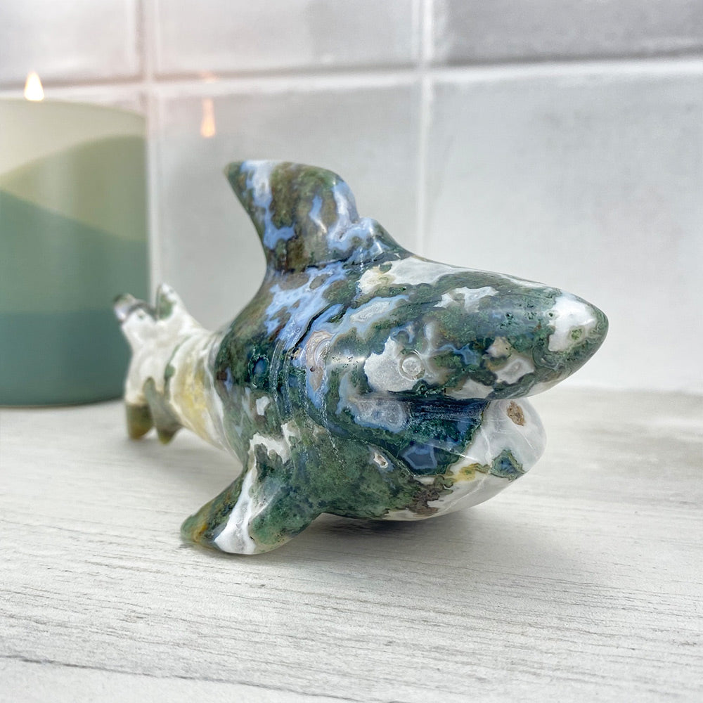 Hand Carved Moss Agate Hammerhead Shark