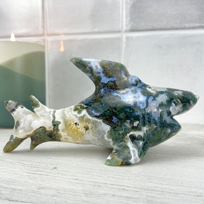 Hand Carved Moss Agate Hammerhead Shark