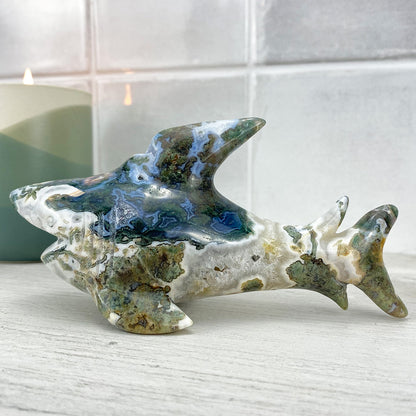 Hand Carved Moss Agate Hammerhead Shark