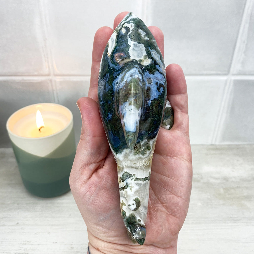 Hand Carved Moss Agate Hammerhead Shark