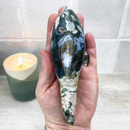 Hand Carved Moss Agate Hammerhead Shark