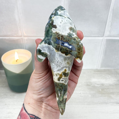 Hand Carved Moss Agate Hammerhead Shark