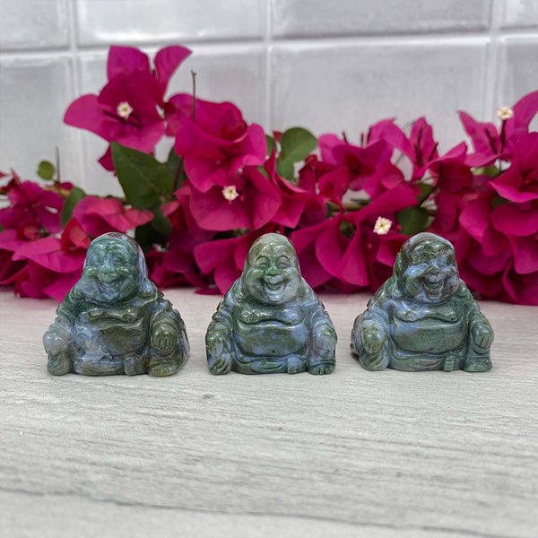 Polished Smiling Buddha Moss Agate Carving