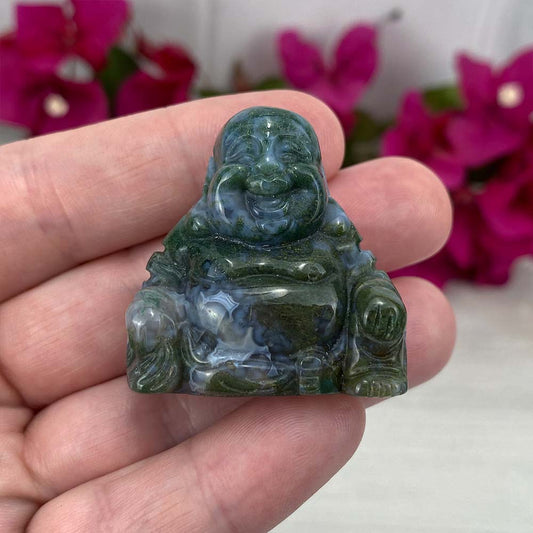 Polished Smiling Buddha Moss Agate Carving