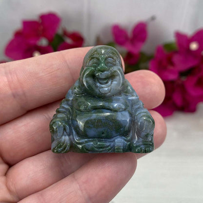 Polished Smiling Buddha Moss Agate Carving