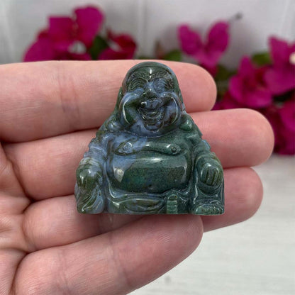 Polished Smiling Buddha Moss Agate Carving