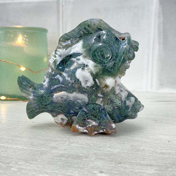 Polished Moss Agate Stone Piranha Carving