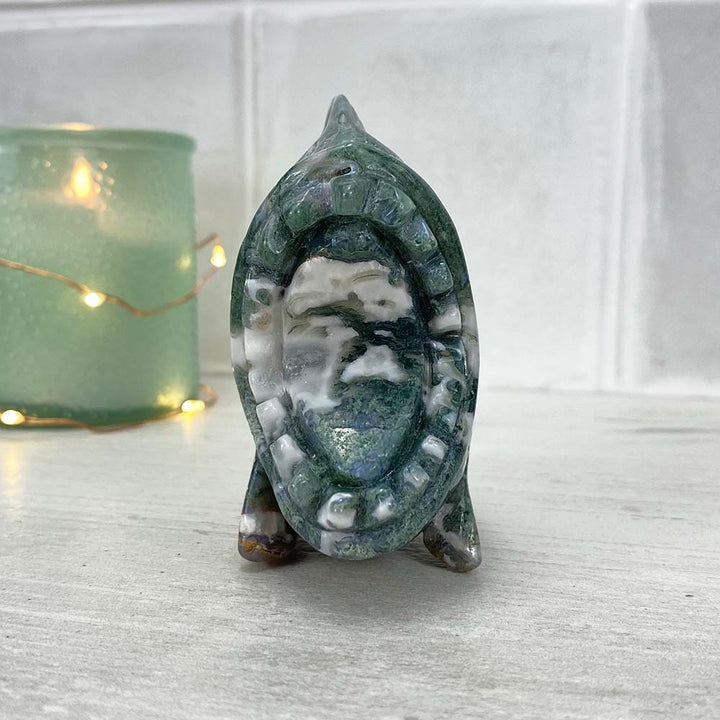 Polished Moss Agate Stone Piranha Carving