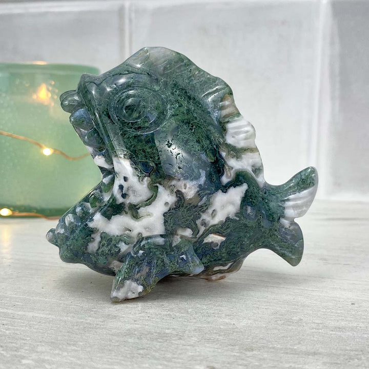 Polished Moss Agate Stone Piranha Carving