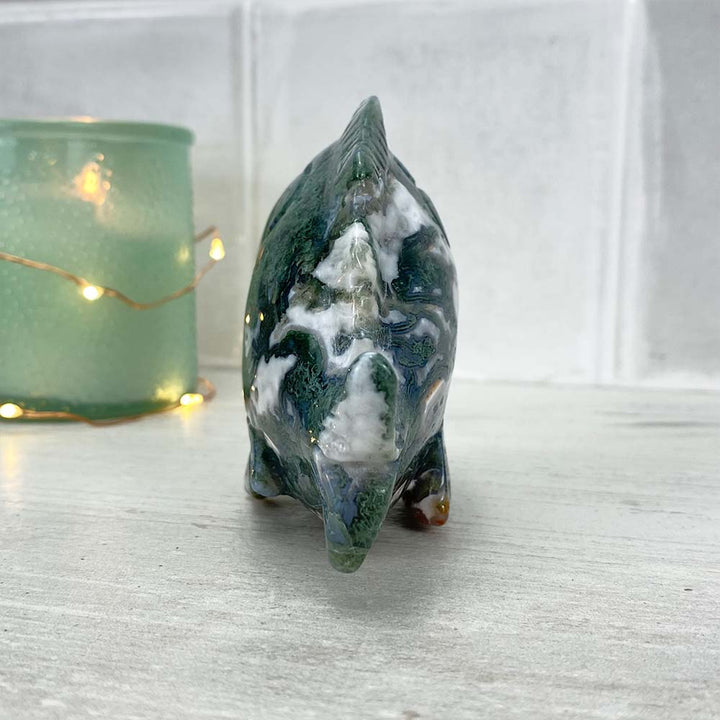 Polished Moss Agate Stone Piranha Carving