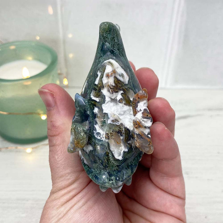 Polished Moss Agate Stone Piranha Carving