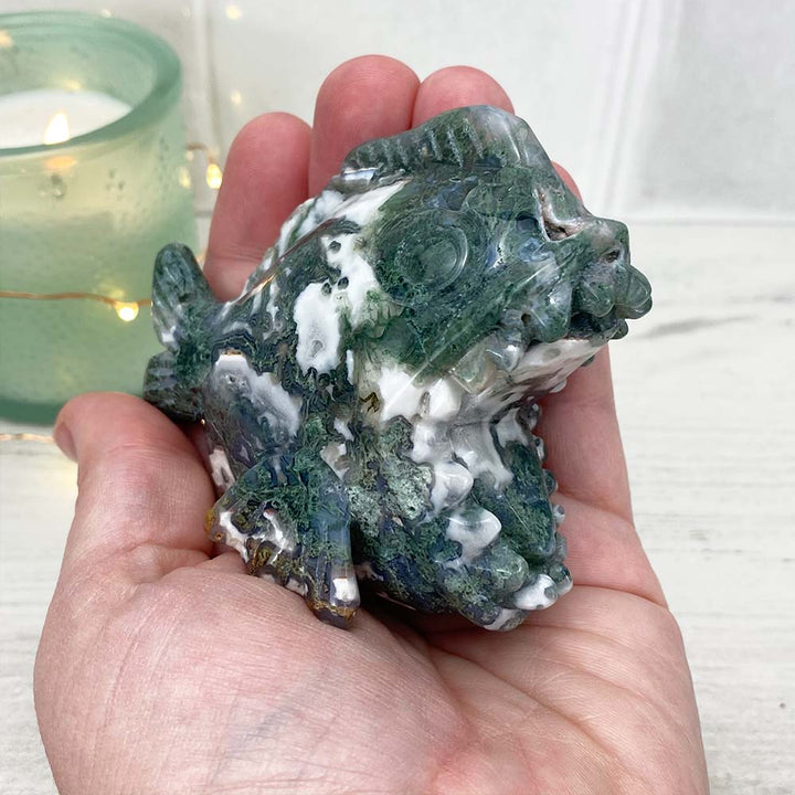 Polished Moss Agate Stone Piranha Carving