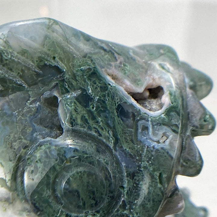 Polished Moss Agate Stone Piranha Carving