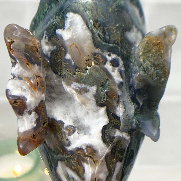 Polished Moss Agate Stone Piranha Carving