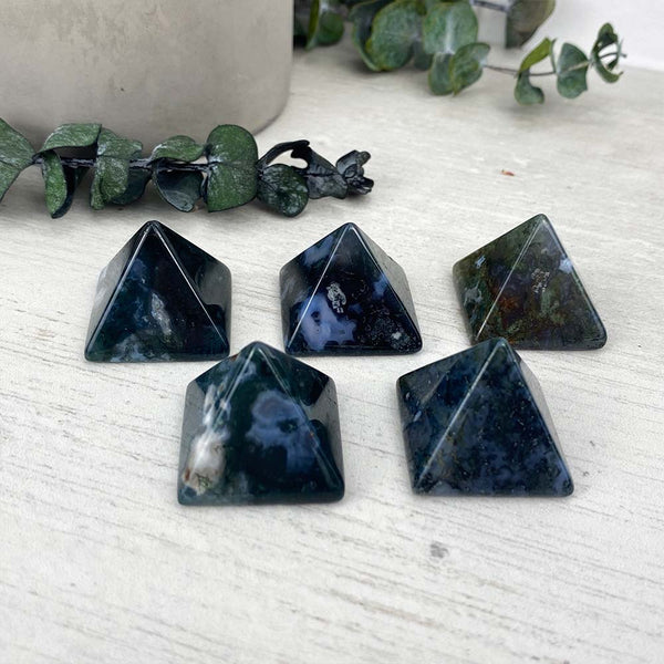 Polished Moss Agate Pyramid Carvings