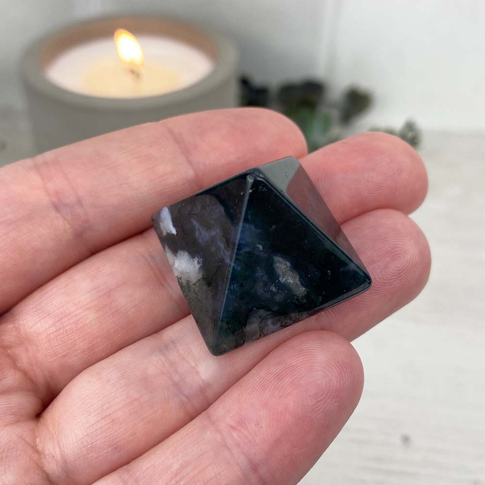 Polished Moss Agate Pyramid Carvings