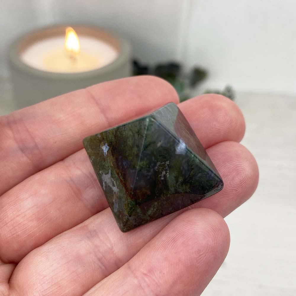 Polished Moss Agate Pyramid Carvings