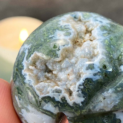 Polished Moss Agate Skull Carving