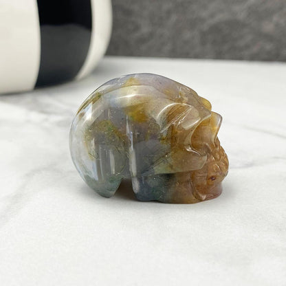 Polished Moss Agate Skull Carving