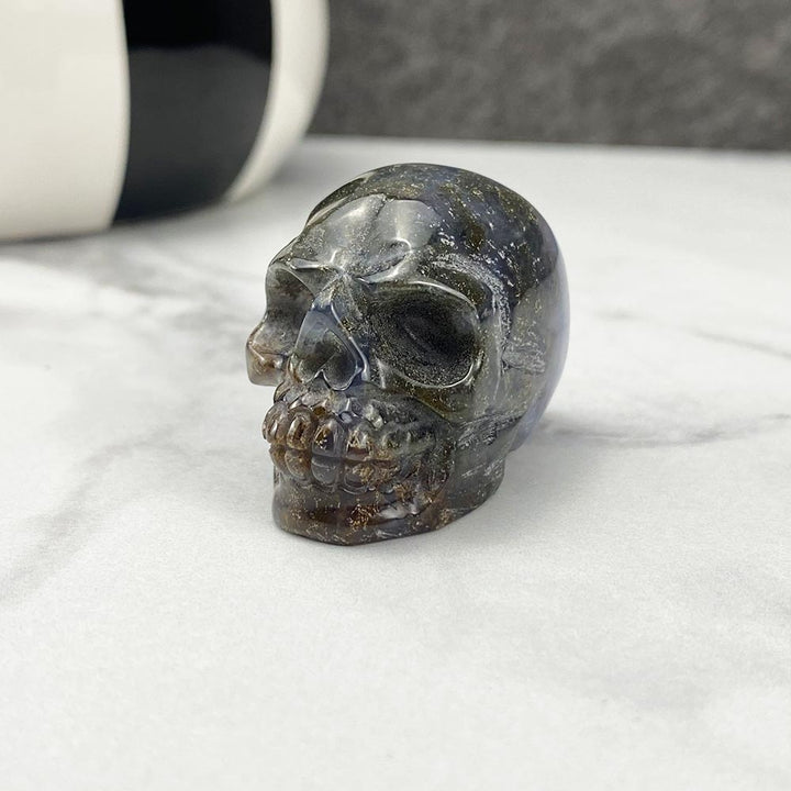 Polished Moss Agate Stone Skull Carving